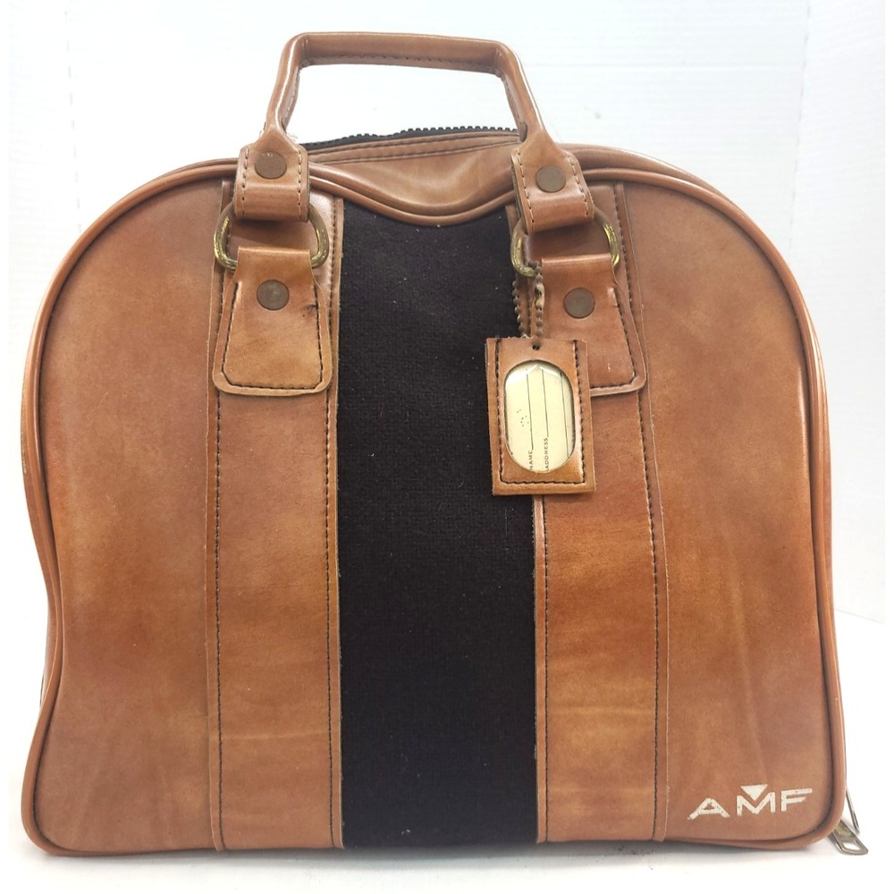 AMF VTG White, Brown & Black Single Bowling Ball Bag with Metal Rack Style 70s